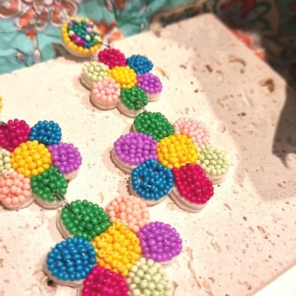 New ANTHRO Colorful Beaded Flower Earrings - Picture 3 of 8